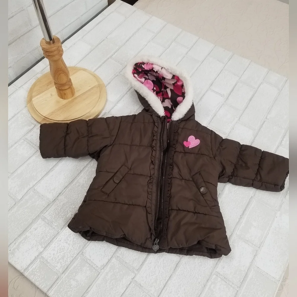 Brown Puffer Jacket with Pink Heart